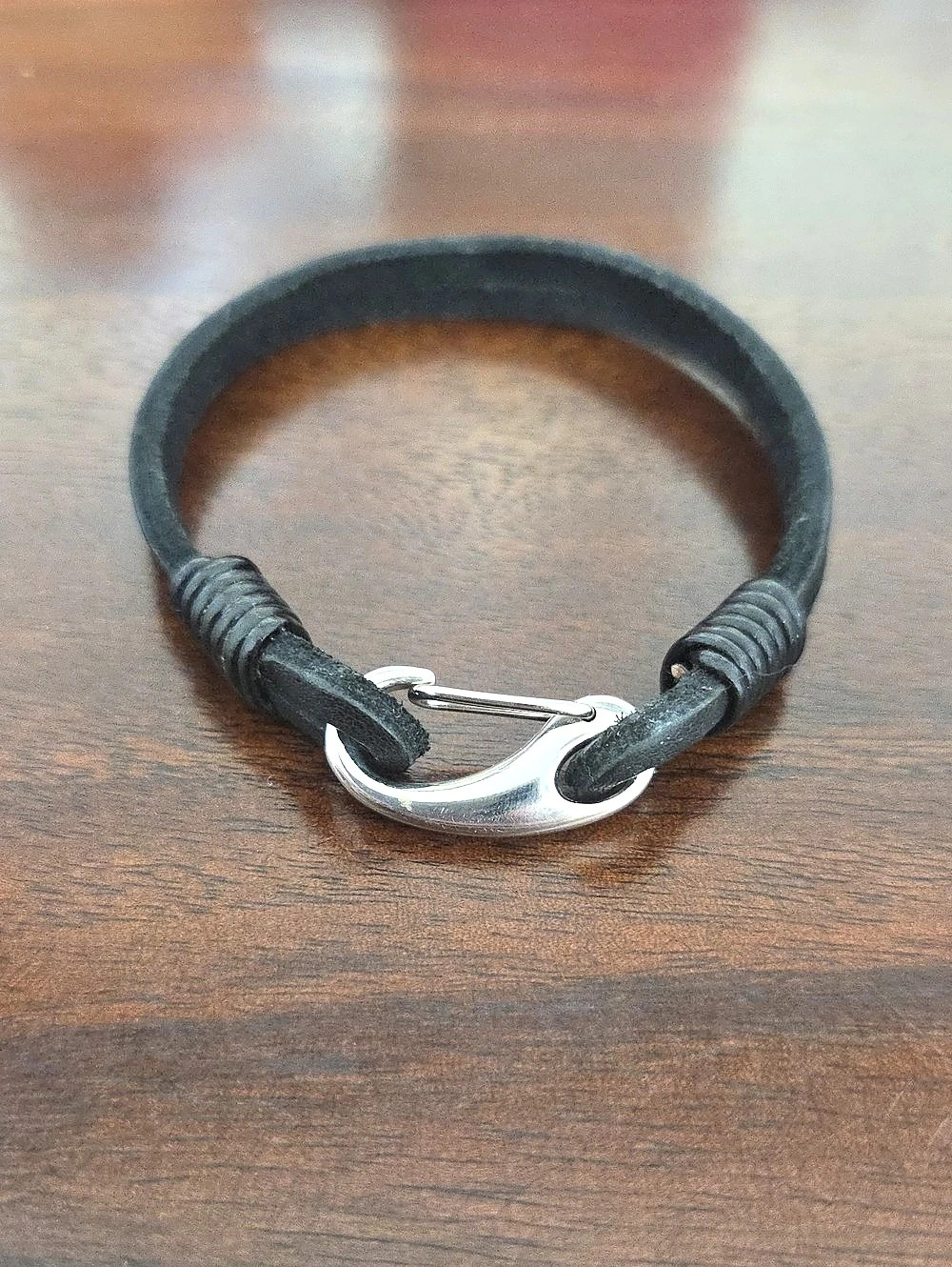 Black Leather Bracelet with Silver-Tone Clasp Like New